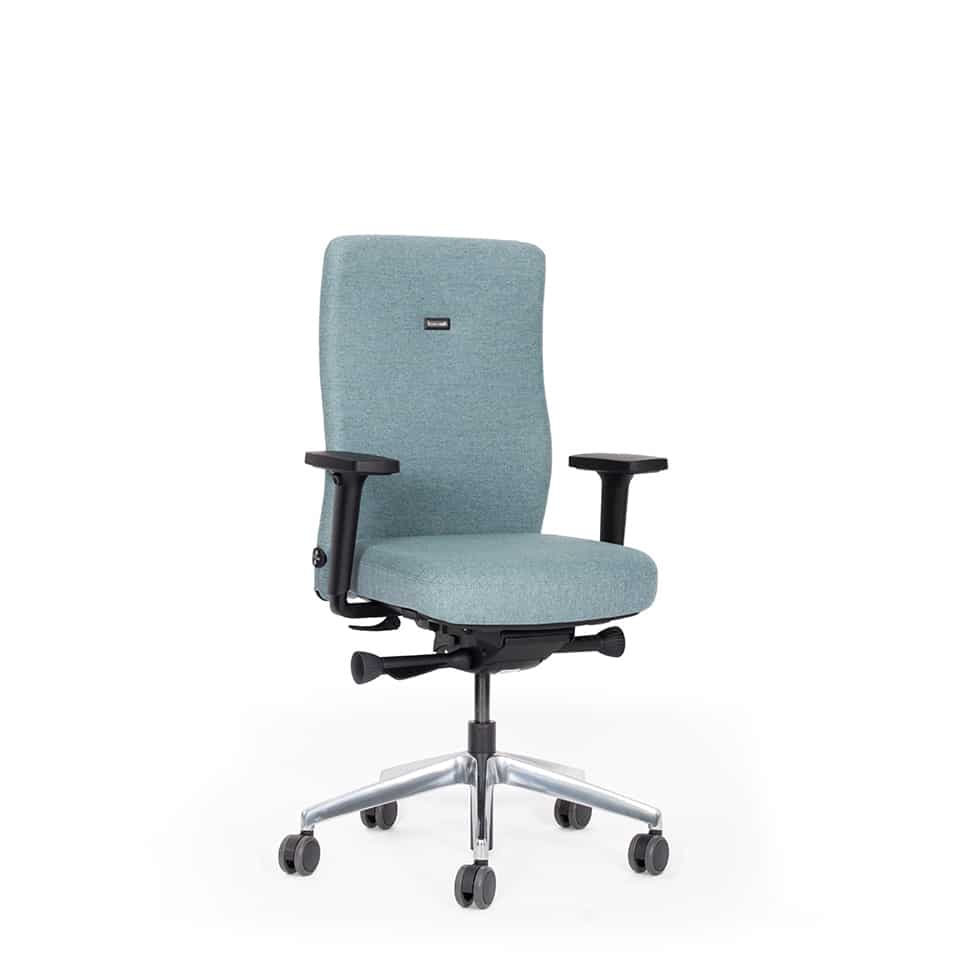 Bild eines ergonomischen und nachhaltigen Bürostuhl in Stoff blau grün aus Schurwolle und Flachs